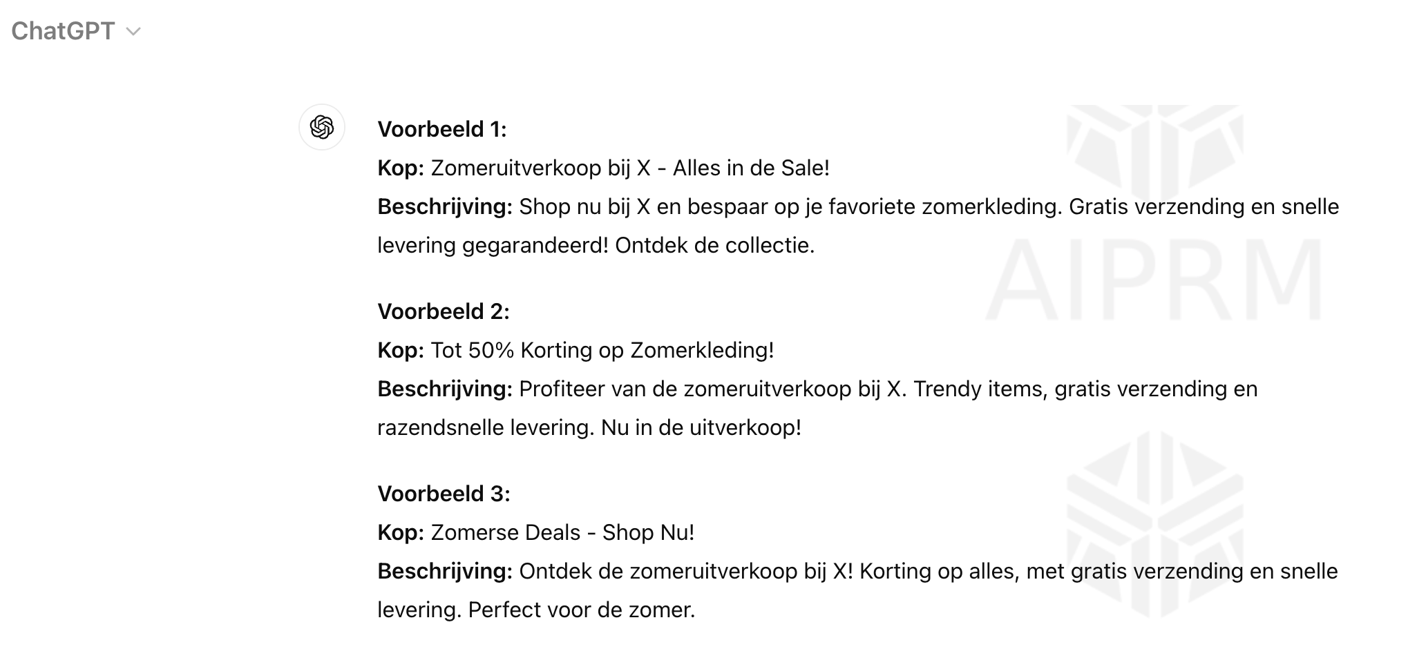 Voorbeeld ChatGPT uitkomst